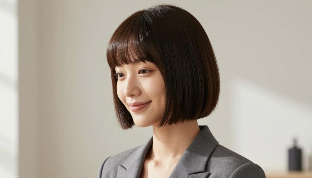 A sleek, classic blunt bob hairstyle with clean, sharp edges, showcased on a poised model in a minimalist studio. The model is dressed in professional, elegant attire, reflecting a sense of understated sophistication. The foreground features the model with a gentle smile, emphasizing the hair's geometric precision. The background is soft-focus, with neutral tones and simple, abstract shapes, reinforcing the vibe of minimalism. Natural light floods the scene, creating a soft glow that highlights the hair's shine and structure. The composition is captured from a slightly elevated angle, giving depth while keeping the focus on the bob hairstyle, evoking a mood of elegance and relaxed confidence. A sleek, classic blunt bob hairstyle with clean, sharp edges, showcased on a poised model in a minimalist studio. The model is dressed in professional, elegant attire, reflecting a sense of understated sophistication. The foreground features the model with a gentle smile, emphasizing the hair's geometric precision. The background is soft-focus, with neutral tones and simple, abstract shapes, reinforcing the vibe of minimalism. Natural light floods the scene, creating a soft glow that highlights the hair's shine and structure. The composition is captured from a slightly elevated angle, giving depth while keeping the focus on the bob hairstyle, evoking a mood of elegance and relaxed confidence.