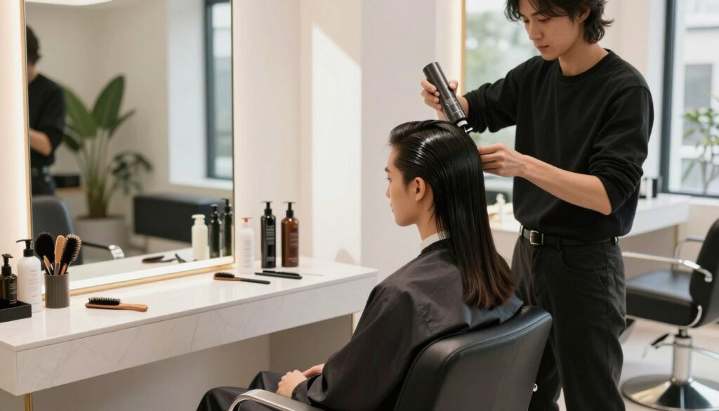 A sleek salon interior with a well-lit styling station, featuring a professional hairstylist applying a high-quality hair product to a client's slicked-back hairstyle. The client, a young adult in smart casual attire, is seated confidently in a modern salon chair, their hair perfectly styled and reflecting light. On the styling table, various hair care products, combs, and brushes are neatly arranged, hinting at a meticulous grooming routine. Soft, natural lighting streams through large windows, casting gentle shadows and creating an inviting atmosphere. The decor is contemporary, with touches of greenery and elegant mirrors, emphasizing a focus on self-care and hair maintenance. The mood is relaxed and sophisticated, perfectly capturing the essence of post-styling hair care.