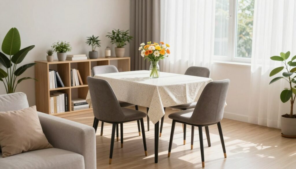 A small, modern living room featuring a stylish, compact dining table that comfortably accommodates four chairs. The table is dressed with a delicate tablecloth and a vibrant centerpiece of fresh flowers, creating a focal point. In the foreground, plush cushions are layered on a cozy sofa to enhance comfort and aesthetics. The middle ground includes tasteful decor, such as a sleek bookshelf filled with books and potted plants, which contribute to the inviting atmosphere. The background is softly lit through large windows draped with sheer curtains, infusing the space with natural light that creates an open feel. The overall mood is fresh and minimalist, emphasizing a spacious look while maintaining functionality in the small room. Soft shadows provide depth, enhancing the inviting ambiance.