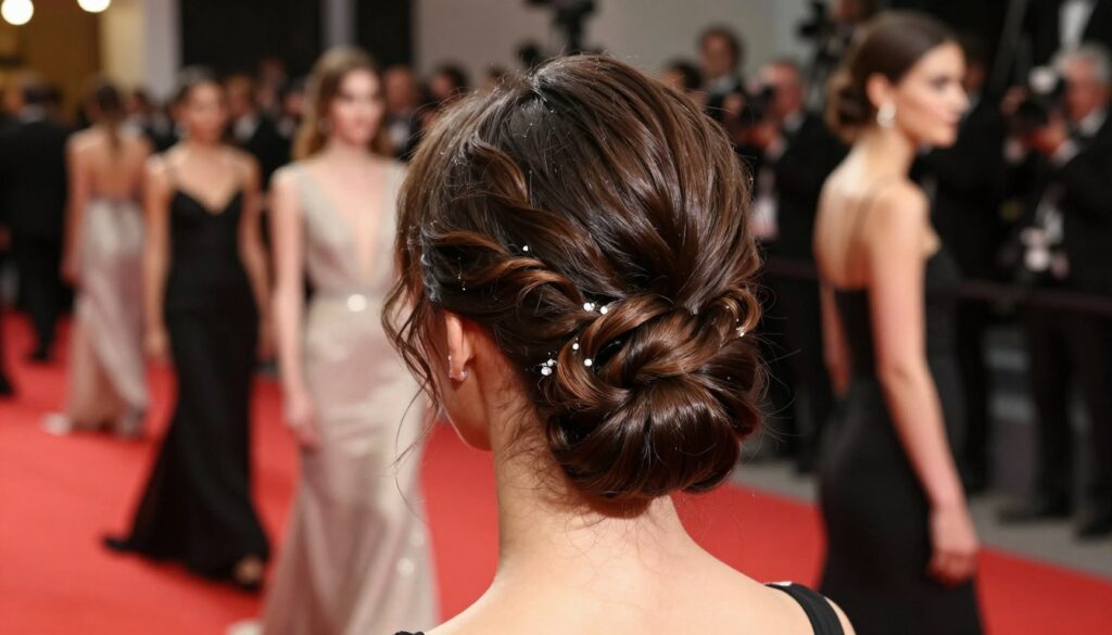 A sophisticated evening hairstyle inspiration set against a luxurious red carpet backdrop. The foreground features an elegantly styled woman with a glamorous updo, incorporating intricate twists and soft waves adorned with subtle hair accessories that sparkle gently. In the middle ground, showcase a blurred view of high-fashion models dressed in evening gowns that complement the hairstyles, exuding grace and sophistication. The background includes a softly lit venue with understated opulence, with the red carpet illuminated by warm, ambient lighting, highlighting the glamorous atmosphere. The mood should convey elegance, exclusivity, and a sense of anticipation, inviting viewers into a world of high-fashion inspiration for evening hairstyles. Capture the scene from a slightly elevated angle to emphasize the hairstyle details while showcasing the overall sophistication of the occasion. A sophisticated evening hairstyle inspiration set against a luxurious red carpet backdrop. The foreground features an elegantly styled woman with a glamorous updo, incorporating intricate twists and soft waves adorned with subtle hair accessories that sparkle gently. In the middle ground, showcase a blurred view of high-fashion models dressed in evening gowns that complement the hairstyles, exuding grace and sophistication. The background includes a softly lit venue with understated opulence, with the red carpet illuminated by warm, ambient lighting, highlighting the glamorous atmosphere. The mood should convey elegance, exclusivity, and a sense of anticipation, inviting viewers into a world of high-fashion inspiration for evening hairstyles. Capture the scene from a slightly elevated angle to emphasize the hairstyle details while showcasing the overall sophistication of the occasion.