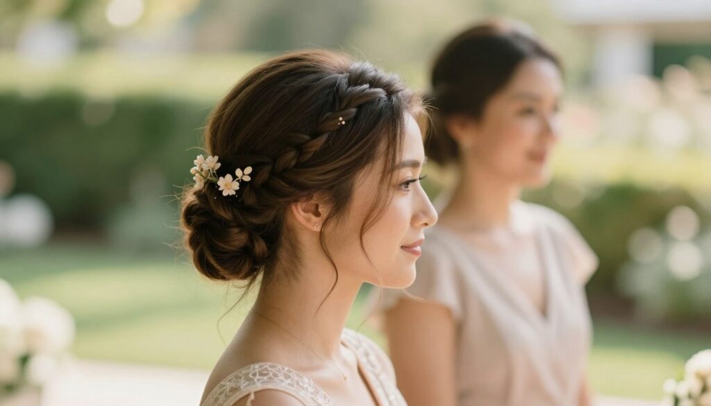 A sophisticated hairstyle featuring an elegant updo for long hair. The foreground captures a close-up of the hairstyle, highlighting intricate details such as soft twists, delicate braids, and subtle adornments like floral pins. The middle area shows a graceful woman dressed in an elegant dress, exhibiting a modest and refined look, complementing the hairstyle perfectly. The background is softly blurred, depicting a blurred, softly lit garden setting to evoke a serene, joyful atmosphere ideal for a family occasion like a communion. Natural daylight filters through, creating a warm, inviting glow, focusing on the beauty of the hairstyle and attire. The composition conveys grace, sophistication, and a timeless elegance suitable for special family moments.