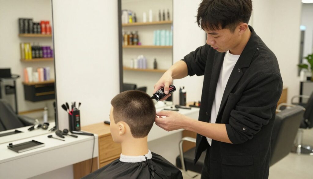 A step-by-step hair cutting instruction scene for a short hairstyle, specifically the "buzz cut." The foreground features a professional hairdresser, dressed in a smart, casual outfit, demonstrating the use of clippers on a mannequin head with short hair. In the middle ground, a well-organized salon setting showcases styling tools, mirrors, and soft lighting to create a warm, inviting atmosphere. The background includes shelves stocked with hair care products and a waiting area with stylish chairs. The lighting is bright but soft, capturing the precision of the haircutting process. The overall mood is instructional and professional, perfect for educating the viewer on the buzz cut technique. A step-by-step hair cutting instruction scene for a short hairstyle, specifically the "buzz cut." The foreground features a professional hairdresser, dressed in a smart, casual outfit, demonstrating the use of clippers on a mannequin head with short hair. In the middle ground, a well-organized salon setting showcases styling tools, mirrors, and soft lighting to create a warm, inviting atmosphere. The background includes shelves stocked with hair care products and a waiting area with stylish chairs. The lighting is bright but soft, capturing the precision of the haircutting process. The overall mood is instructional and professional, perfect for educating the viewer on the buzz cut technique.