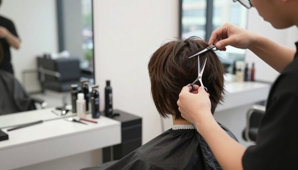 A step-by-step visual representation of shaggy bob haircut techniques, featuring a professional hairstylist demonstrating the cutting process. In the foreground, the stylist is focused on layering the hair, using sharp scissors and a comb, creating a voluminous and textured look. The model sits in a salon chair, wearing a black cape, showcasing a hairstyle in progress that is full of movement. The middle ground includes salon tools like clippers and styling products neatly arranged on a counter. The background features a modern salon interior with soft, natural lighting filtering through large windows, creating a relaxed and inviting atmosphere. The overall mood is professional and creative, emphasizing the artistry of hairstyling while maintaining a clean and polished aesthetic.