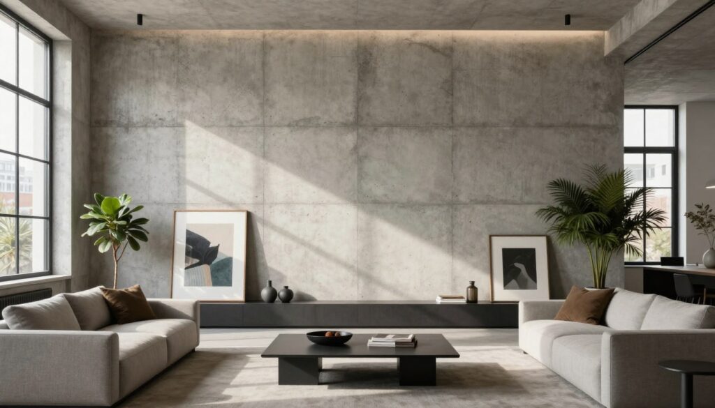 A striking architectural concrete wall as the focal point, showcasing its raw texture and industrial elegance. The foreground features a modern living room setting with minimalist furniture, including a stylish couch and a sleek coffee table. Natural light streams through large windows, casting soft shadows that enhance the wall’s texture. In the middle ground, art pieces and plants are strategically placed to create a harmonious balance with the concrete, infusing warmth into the space. The background includes subtle hints of urban life outside, visible through the windows. The mood is sophisticated yet inviting, embodying an industrial yet cozy atmosphere, ideal for a contemporary interior design theme. Use a wide-angle perspective to capture the entire scene cohesively, ensuring a bright and airy feel. A striking architectural concrete wall as the focal point, showcasing its raw texture and industrial elegance. The foreground features a modern living room setting with minimalist furniture, including a stylish couch and a sleek coffee table. Natural light streams through large windows, casting soft shadows that enhance the wall’s texture. In the middle ground, art pieces and plants are strategically placed to create a harmonious balance with the concrete, infusing warmth into the space. The background includes subtle hints of urban life outside, visible through the windows. The mood is sophisticated yet inviting, embodying an industrial yet cozy atmosphere, ideal for a contemporary interior design theme. Use a wide-angle perspective to capture the entire scene cohesively, ensuring a bright and airy feel.