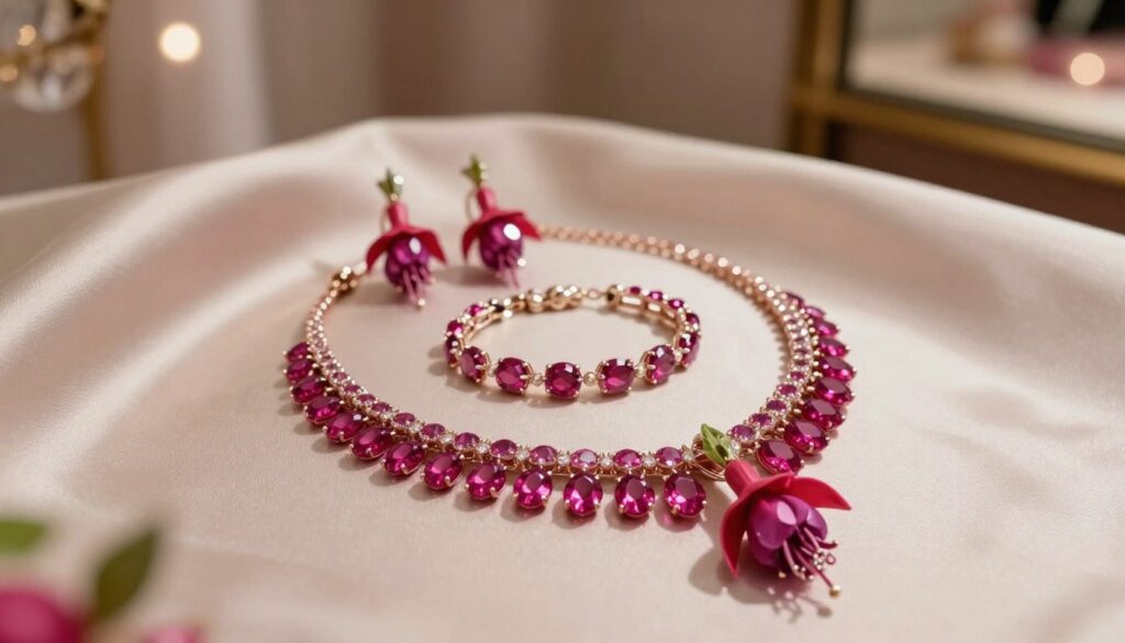 A stunning array of fuchsia jewelry elegantly displayed on a soft, neutral satin background. The foreground features a glamorous fuchsia necklace adorned with sparkling gemstones, paired with matching earrings that reflect light beautifully. In the middle, a delicate bracelet with intricate designs enhances the ensemble. The lighting is warm and inviting, casting gentle shadows that highlight the textures and details of the jewelry. A shallow depth of field focuses on the jewelry while softly blurring the background, which subtly hints at a luxurious setting, perhaps a chic dressing room with soft, ambient light. The overall mood is sophisticated and vibrant, perfect for complementing a fuchsia dress. A stunning array of fuchsia jewelry elegantly displayed on a soft, neutral satin background. The foreground features a glamorous fuchsia necklace adorned with sparkling gemstones, paired with matching earrings that reflect light beautifully. In the middle, a delicate bracelet with intricate designs enhances the ensemble. The lighting is warm and inviting, casting gentle shadows that highlight the textures and details of the jewelry. A shallow depth of field focuses on the jewelry while softly blurring the background, which subtly hints at a luxurious setting, perhaps a chic dressing room with soft, ambient light. The overall mood is sophisticated and vibrant, perfect for complementing a fuchsia dress.