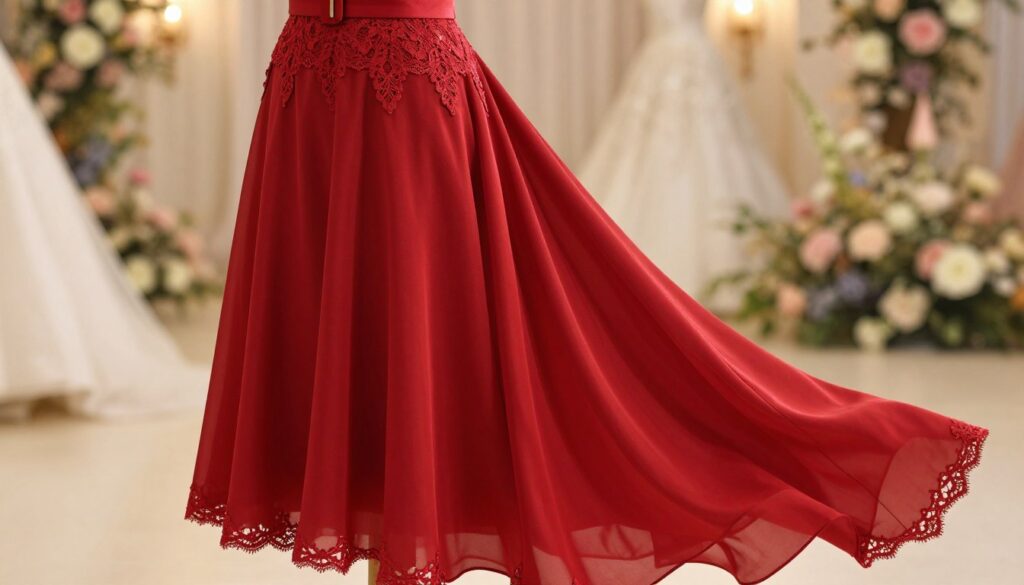 A stunning straight-cut red dress drapes elegantly on a mannequin, showcasing the unique fabric texture and vibrant hue that caters to varying skin tones. In the foreground, place intricate details such as delicate lace trimming and a stylish belt accentuating the waistline. The middle ground features soft fabrics like silk and chiffon, contrasting beautifully with the deep red. In the background, a softly blurred bridal-themed setting hints at a wedding atmosphere, filled with lush flowers and romantic lighting. The lighting should be warm and inviting, highlighting the dress's brilliance while ensuring the overall tone is elegant and sophisticated. Capture this scene from a slightly elevated angle to grant a full view of the dress's flowing silhouette, evoking a sense of refinement and charm.