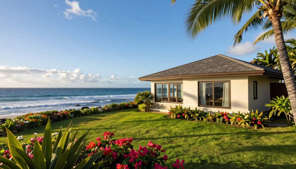 A stunning view of the Pacific Ocean, featuring a beautifully designed coastal house inspired by natural elements, with lush tropical gardens surrounding it. In the foreground, vibrant flowers and palm trees create a serene atmosphere. The middle ground showcases the elegant architecture of the house, designed with large windows that reflect the sunlight, casting warm, inviting shadows. In the background, gentle waves of the ocean meet a clear blue sky, with soft clouds lightly scattered. The scene is bathed in natural daylight, enhancing the vibrant colors of the landscape and the tranquil mood. The angle is slightly elevated, capturing both the house and the breathtaking horizon, creating a sense of peaceful escape and luxurious living in a tropical paradise.