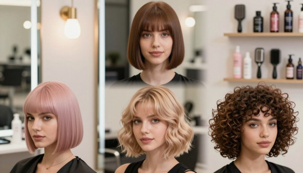 A stylish and elegant display of various bob haircut variations tailored for different hair types. In the foreground, show three models with diverse hair textures: straight, wavy, and curly, each sporting a modern bob haircut in soft pastel colors. Their expressions are confident and inviting. The middle ground features a well-lit salon environment with elegant mirrors and soft, ambient lighting, enhancing the hair colors. In the background, display hair styling tools and products neatly arranged on a shelf, creating an organized and professional atmosphere. The overall mood is chic and sophisticated, celebrating the versatility and timelessness of the bob hairstyle. Use a slightly elevated camera angle to capture the models' headshots and upper bodies, focusing on the hairstyles. A stylish and elegant display of various bob haircut variations tailored for different hair types. In the foreground, show three models with diverse hair textures: straight, wavy, and curly, each sporting a modern bob haircut in soft pastel colors. Their expressions are confident and inviting. The middle ground features a well-lit salon environment with elegant mirrors and soft, ambient lighting, enhancing the hair colors. In the background, display hair styling tools and products neatly arranged on a shelf, creating an organized and professional atmosphere. The overall mood is chic and sophisticated, celebrating the versatility and timelessness of the bob hairstyle. Use a slightly elevated camera angle to capture the models' headshots and upper bodies, focusing on the hairstyles.