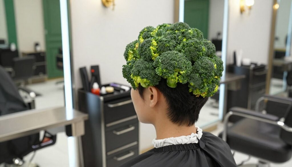 A stylish and modern "broccoli hairstyle" showcased on a fashionable model with professional business attire, set in a chic salon environment. The foreground features the model displaying the trendy haircut, focusing on the distinct layers and curls that resemble broccoli florets. In the middle ground, sleek salon equipment and mirrors enhance the professional atmosphere. The background showcases a softly lit, contemporary salon with green accents and elegant decor, creating a calm and inviting mood. The lighting should be bright yet soft, mimicking natural daylight, with a slight focus on the details of the hairstyle. Capture a sense of sophistication and trendiness, emphasizing the unique attributes of this creative cut.
