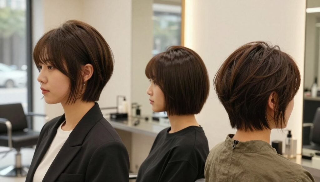 A stylish comparison of different bob hairstyles set against a softly lit modern salon backdrop. In the foreground, a confident model with a dad bob hairstyle, dressed in professional casual attire, showcases its relaxed yet trendy vibe. In the middle, two other models display popular bob variants: one with a sleek, polished bob and the other with a textured, layered bob, each highlighting their distinct features. Natural lighting filters through large windows, casting a warm glow on the scene. The angle is slightly tilted to capture the dynamic transformation of styles, enhancing the image's inviting and stylish atmosphere. The background contains minimalist salon equipment and decor, emphasizing a chic, fashionable setting without distractions. A stylish comparison of different bob hairstyles set against a softly lit modern salon backdrop. In the foreground, a confident model with a dad bob hairstyle, dressed in professional casual attire, showcases its relaxed yet trendy vibe. In the middle, two other models display popular bob variants: one with a sleek, polished bob and the other with a textured, layered bob, each highlighting their distinct features. Natural lighting filters through large windows, casting a warm glow on the scene. The angle is slightly tilted to capture the dynamic transformation of styles, enhancing the image's inviting and stylish atmosphere. The background contains minimalist salon equipment and decor, emphasizing a chic, fashionable setting without distractions.