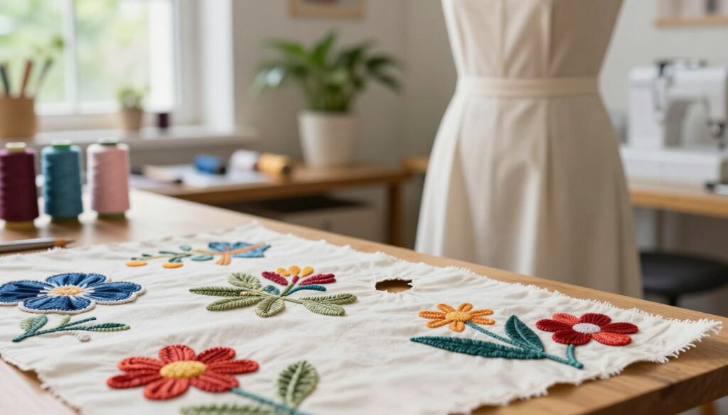 A stylish dress displayed on a mannequin in a cozy, well-lit sewing studio with creative fabric applications expertly placed to conceal a small hole. The foreground features detailed close-ups of colorful fabric patches, floral embroidery, and artistic appliqué designs, showcasing various textures and patterns. The middle ground shows spools of thread and sewing tools arranged neatly on a wooden table, evoking a sense of craftsmanship. The background features soft, diffused lighting, with a hint of lush greenery visible through a window, enhancing the serene atmosphere. The overall mood is inviting and creative, perfect for inspiring readers interested in innovative sewing techniques.