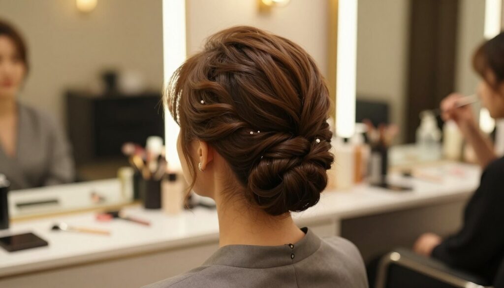 A stylish, elegant evening hairstyle for short hair displayed on a professional-looking model. The model is posed gracefully, showcasing a sophisticated updo that complements her attire. The foreground features the model's neatly styled short hair, elegantly arranged with intricate twists and subtle embellishments, such as delicate hairpins. In the middle ground, a softly lit salon setting exudes a warm ambiance, with blurred reflections of elegant makeup tools in the background. The lighting is soft and flattering, emphasizing the contours of the hairstyle. The atmosphere is luxurious yet inviting, evoking a sense of sophistication appropriate for formal occasions. The model wears chic business attire, adding to the overall elegance of the image. A stylish, elegant evening hairstyle for short hair displayed on a professional-looking model. The model is posed gracefully, showcasing a sophisticated updo that complements her attire. The foreground features the model's neatly styled short hair, elegantly arranged with intricate twists and subtle embellishments, such as delicate hairpins. In the middle ground, a softly lit salon setting exudes a warm ambiance, with blurred reflections of elegant makeup tools in the background. The lighting is soft and flattering, emphasizing the contours of the hairstyle. The atmosphere is luxurious yet inviting, evoking a sense of sophistication appropriate for formal occasions. The model wears chic business attire, adding to the overall elegance of the image.