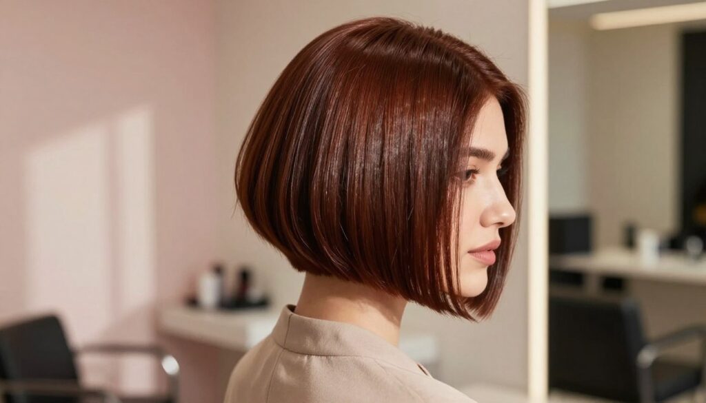 A stylish female model with a chic bob haircut, showcasing a cleanly cut nape, stands confidently against a softly blurred salon background. Her hair is a deep chestnut color, glistening under warm, natural lighting that highlights the texture and movement. The angle captures the haircut from the side, emphasizing the sharp lines and sleekness at the back. The model wears a modest, elegant outfit that complements her hairstyle, radiating professionalism. The atmosphere is inviting and trendy, with soft pastels in the decor creating a sense of calm and sophistication. The overall mood conveys empowerment and modern elegance, ideal for illustrating the advantages of a nape-exposed bob hairstyle.