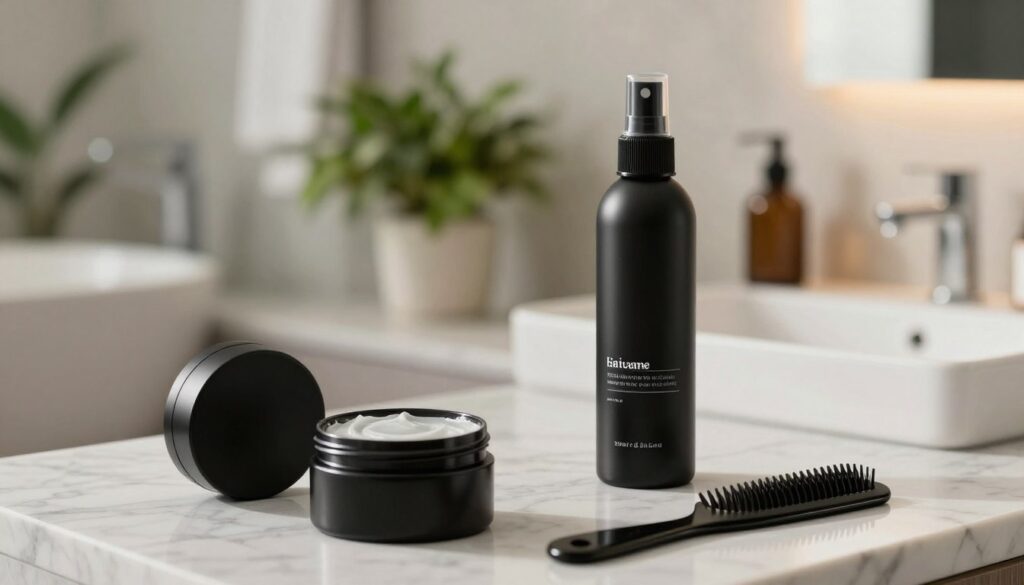 A stylish flat lay showcasing essential hair care products, including pomades, gels, and sprays designed for men's hairstyles. The foreground features well-arranged, aesthetically pleasing items such as a matte black pomade jar, a sleek hair spray bottle, and a comb, all sitting on a marble countertop. In the middle, there's a soft-focus background of a modern bathroom setting with greenery and natural light streaming in, creating a fresh and vibrant ambiance. The lighting is warm and inviting, highlighting the textures of the products. The overall mood should convey sophistication and professionalism, emphasizing a neat, organized space that appeals to men looking to elevate their grooming routine. A stylish flat lay showcasing essential hair care products, including pomades, gels, and sprays designed for men's hairstyles. The foreground features well-arranged, aesthetically pleasing items such as a matte black pomade jar, a sleek hair spray bottle, and a comb, all sitting on a marble countertop. In the middle, there's a soft-focus background of a modern bathroom setting with greenery and natural light streaming in, creating a fresh and vibrant ambiance. The lighting is warm and inviting, highlighting the textures of the products. The overall mood should convey sophistication and professionalism, emphasizing a neat, organized space that appeals to men looking to elevate their grooming routine.
