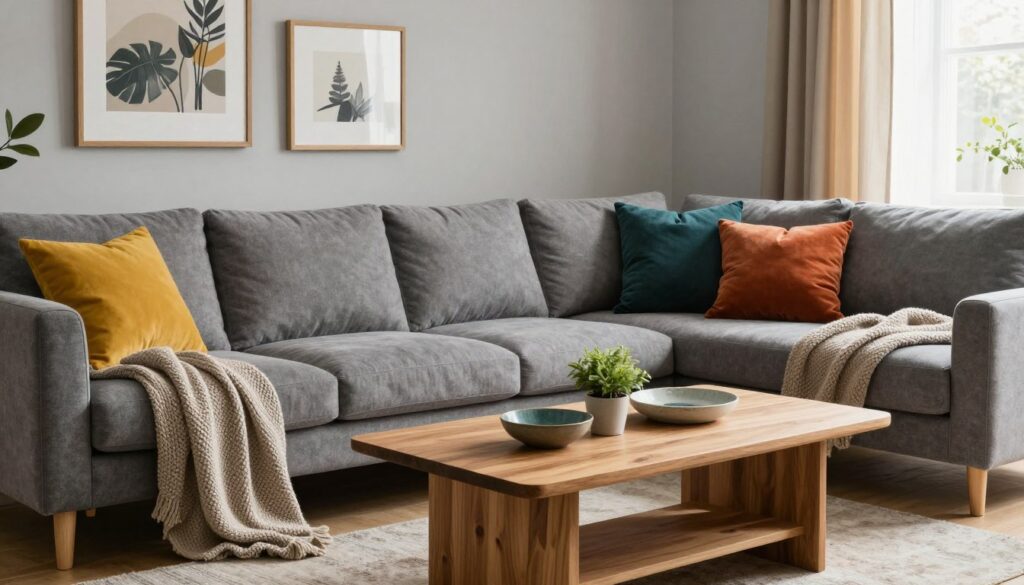 A stylish gray living room showcasing a variety of textiles and accessories. In the foreground, a plush gray sofa adorned with colorful cushions in shades of mustard yellow, deep teal, and burnt orange, adding vibrancy. A cozy knit throw drapes over an armrest. In the middle, a coffee table made of natural wood displays a few artful decor pieces, including a small potted plant and a decorative bowl. The background features light gray walls with framed artwork and curtains that filter soft, warm daylight, creating a welcoming atmosphere. The room's setup focuses on harmonious color contrasts and well-chosen accessories that enhance the overall aesthetic, evoking a sense of comfort and style.