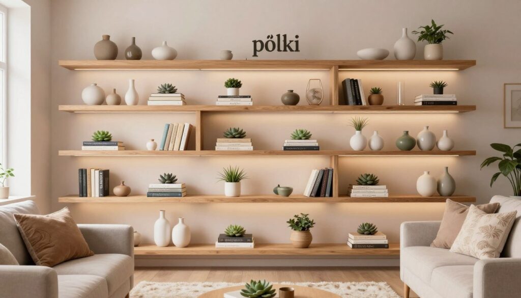 A stylish living room featuring a beautifully arranged set of shelves ("półki") at varying heights, showcasing an array of decorative items like books, succulents, and elegant vases. The shelves are made of natural wood, blending with a soft pastel wall behind. In the foreground, a comfortable sofa is partially visible, adorned with decorative cushions, while a cozy rug lies beneath. The middle of the scene focuses on the shelves, illuminated by warm, diffused lighting that enhances the textures of the objects. In the background, a window filters in soft natural light, creating a serene atmosphere. The overall mood is inviting and harmonious, emphasizing thoughtful decoration choices that reflect the occupants' style and needs. No text or branding elements are present. A stylish living room featuring a beautifully arranged set of shelves ("półki") at varying heights, showcasing an array of decorative items like books, succulents, and elegant vases. The shelves are made of natural wood, blending with a soft pastel wall behind. In the foreground, a comfortable sofa is partially visible, adorned with decorative cushions, while a cozy rug lies beneath. The middle of the scene focuses on the shelves, illuminated by warm, diffused lighting that enhances the textures of the objects. In the background, a window filters in soft natural light, creating a serene atmosphere. The overall mood is inviting and harmonious, emphasizing thoughtful decoration choices that reflect the occupants' style and needs. No text or branding elements are present.
