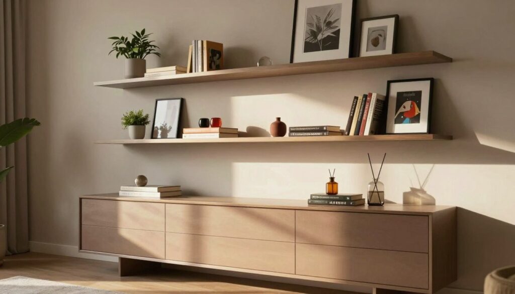 A stylish living room scene featuring a well-designed low chest of drawers (komoda) beneath a set of modern shelves (półki). The shelves are elegantly arranged with decorative items such as small plants, art books, and framed pictures, creating an inviting atmosphere. In the foreground, the chest of drawers has a sleek finish reflecting natural light, which adds warmth to the scene. The middle section showcases the shelves filled with a mix of colorful decor and occasional artwork, enhancing visual interest. The background is a subtle, softly lit wall that complements the overall aesthetic. The mood is cozy and contemporary, with a warm color palette and gentle shadows suggesting an afternoon ambiance. The perspective is slightly angled, allowing for depth and dimension in the composition. A stylish living room scene featuring a well-designed low chest of drawers (komoda) beneath a set of modern shelves (półki). The shelves are elegantly arranged with decorative items such as small plants, art books, and framed pictures, creating an inviting atmosphere. In the foreground, the chest of drawers has a sleek finish reflecting natural light, which adds warmth to the scene. The middle section showcases the shelves filled with a mix of colorful decor and occasional artwork, enhancing visual interest. The background is a subtle, softly lit wall that complements the overall aesthetic. The mood is cozy and contemporary, with a warm color palette and gentle shadows suggesting an afternoon ambiance. The perspective is slightly angled, allowing for depth and dimension in the composition.