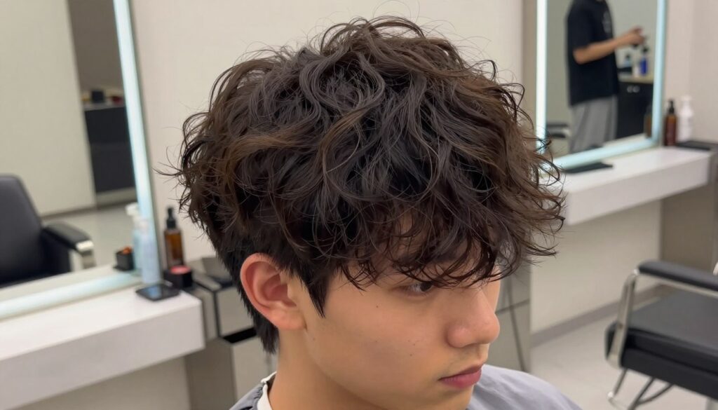 A stylish male haircut showcasing modern volume and texture. Foreground features a young man with thick, tousled hair, expertly styled to enhance volume; he wears a smart casual shirt. Middle ground includes a close-up of his hair, emphasizing defined layers and natural waves that reflect light. Background is a softly blurred hair salon environment, with illuminated mirrors and sophisticated decor, creating an inviting atmosphere. Use warm, natural lighting that highlights the hair’s texture and gives a lively, fresh feel to the scene. Aim for a dynamic angle, perhaps slightly above eye level, to capture the stylish haircut from an engaging perspective, evoking a sense of modernity and trendiness. A stylish male haircut showcasing modern volume and texture. Foreground features a young man with thick, tousled hair, expertly styled to enhance volume; he wears a smart casual shirt. Middle ground includes a close-up of his hair, emphasizing defined layers and natural waves that reflect light. Background is a softly blurred hair salon environment, with illuminated mirrors and sophisticated decor, creating an inviting atmosphere. Use warm, natural lighting that highlights the hair’s texture and gives a lively, fresh feel to the scene. Aim for a dynamic angle, perhaps slightly above eye level, to capture the stylish haircut from an engaging perspective, evoking a sense of modernity and trendiness.