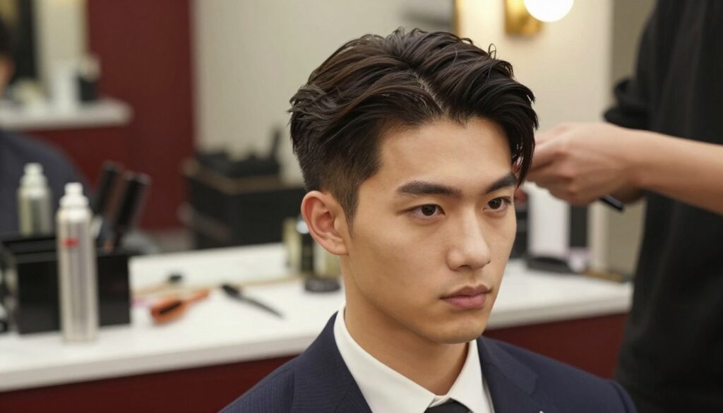A stylish male model with a centered part in his hair, showcasing both classic and modern styling techniques. The foreground features the model in professional, smart-casual attire, with well-groomed hair displaying a polished look. The middle ground highlights various hairstyling tools, such as a comb and hairspray, symbolizing the styling process. The background features a softly blurred barbershop environment with warm lighting, creating an inviting atmosphere. The mood is contemporary yet elegant, emphasizing the resurgence of the center part hairstyle. Use a shallow depth of field to draw attention to the hair while keeping the surroundings subtly in focus. Capture the image with a medium shot from a slightly lower angle to accentuate the hairstyle's prominence.