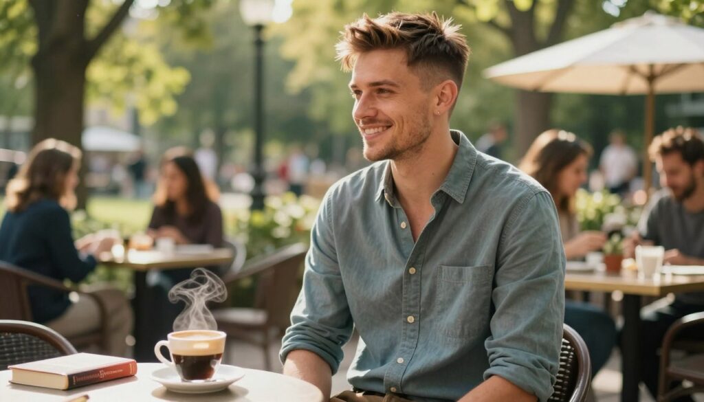 A stylish man with a relaxed demeanor is showcasing a trendy dad bob haircut. He has an approachable smile and is wearing a casual button-up shirt, with the sleeves rolled up, standing in a comfortable outdoor café setting. The foreground features a coffee table with a steaming cup of coffee and some books casually placed. In the middle, the man is positioned at an angle, highlighting the textured layers of his dad bob hairstyle. The background features a vibrant, sunlit park filled with greenery and soft blurred details of people enjoying their day, enhancing the lively atmosphere. The lighting is warm and inviting, with soft shadows that create depth. The image conveys a sense of modernity and style, appealing to those interested in current hair trends. A stylish man with a relaxed demeanor is showcasing a trendy dad bob haircut. He has an approachable smile and is wearing a casual button-up shirt, with the sleeves rolled up, standing in a comfortable outdoor café setting. The foreground features a coffee table with a steaming cup of coffee and some books casually placed. In the middle, the man is positioned at an angle, highlighting the textured layers of his dad bob hairstyle. The background features a vibrant, sunlit park filled with greenery and soft blurred details of people enjoying their day, enhancing the lively atmosphere. The lighting is warm and inviting, with soft shadows that create depth. The image conveys a sense of modernity and style, appealing to those interested in current hair trends.