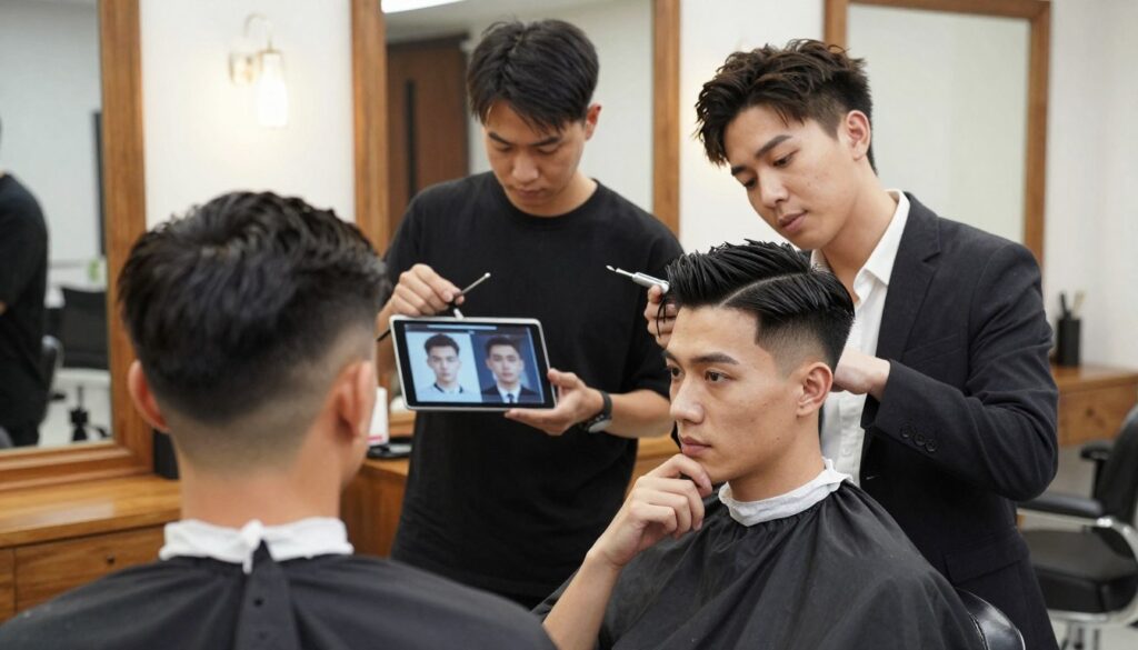 A stylish men's hairstyle consultation scene showcasing various haircuts tailored to different face shapes. In the foreground, a well-groomed male model with a low taper fade haircut, dressed in smart casual attire, examines himself in a mirror with a thoughtful expression. In the middle ground, a hair stylist with modern hair tools is demonstrating different styles on a digital tablet, emphasizing face shape compatibility. The background features a trendy barbershop setting with warm lighting, wooden accents, and mirrors. The atmosphere conveys professionalism and creativity, focusing on the art of hairstyling and personal grooming for a modern look.
