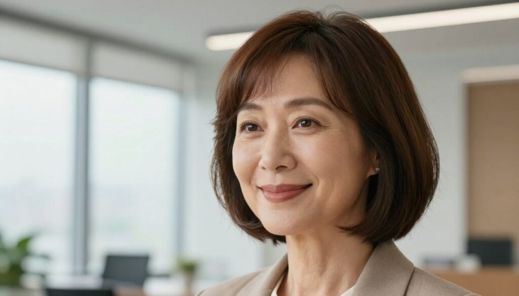 A stylish middle-aged woman with an oval face, showcasing a flattering bob hairstyle that enhances her youthful appearance. She has soft features, bright eyes, and a warm smile, reflecting confidence and elegance. The foreground captures her head and shoulders in a professional setting, dressed in smart casual attire that complements her look. The background features a softly blurred modern office environment with natural light streaming through large windows, creating a fresh and inviting atmosphere. The lighting is soft and warm, highlighting her hair and facial features effectively. The angle is slightly from below, emphasizing her face and hairstyle, evoking a feeling of empowerment and grace. A stylish middle-aged woman with an oval face, showcasing a flattering bob hairstyle that enhances her youthful appearance. She has soft features, bright eyes, and a warm smile, reflecting confidence and elegance. The foreground captures her head and shoulders in a professional setting, dressed in smart casual attire that complements her look. The background features a softly blurred modern office environment with natural light streaming through large windows, creating a fresh and inviting atmosphere. The lighting is soft and warm, highlighting her hair and facial features effectively. The angle is slightly from below, emphasizing her face and hairstyle, evoking a feeling of empowerment and grace.