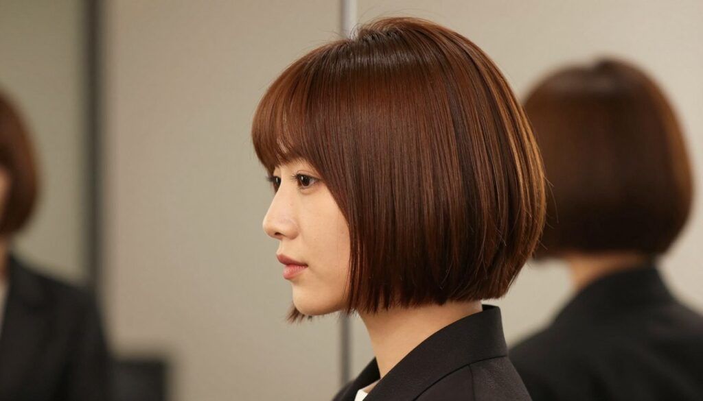 A stylish, modern bob haircut with a tapered back, showcasing clean lines and sleek finishes. The model, a woman dressed in smart casual attire, faces slightly left, highlighting the hairstyle's shape from the front and showcasing the back view. The background is softly blurred, featuring a neutral color that complements her hair, which is a rich chestnut brown with natural shine. The lighting is warm and inviting, casting soft shadows to enhance the dimension of the haircut. The atmosphere conveys elegance and confidence, perfect for illustrating the daily styling of a bob haircut. The angle is eye-level, focusing on the interplay between the hairstyle and the model’s expression.