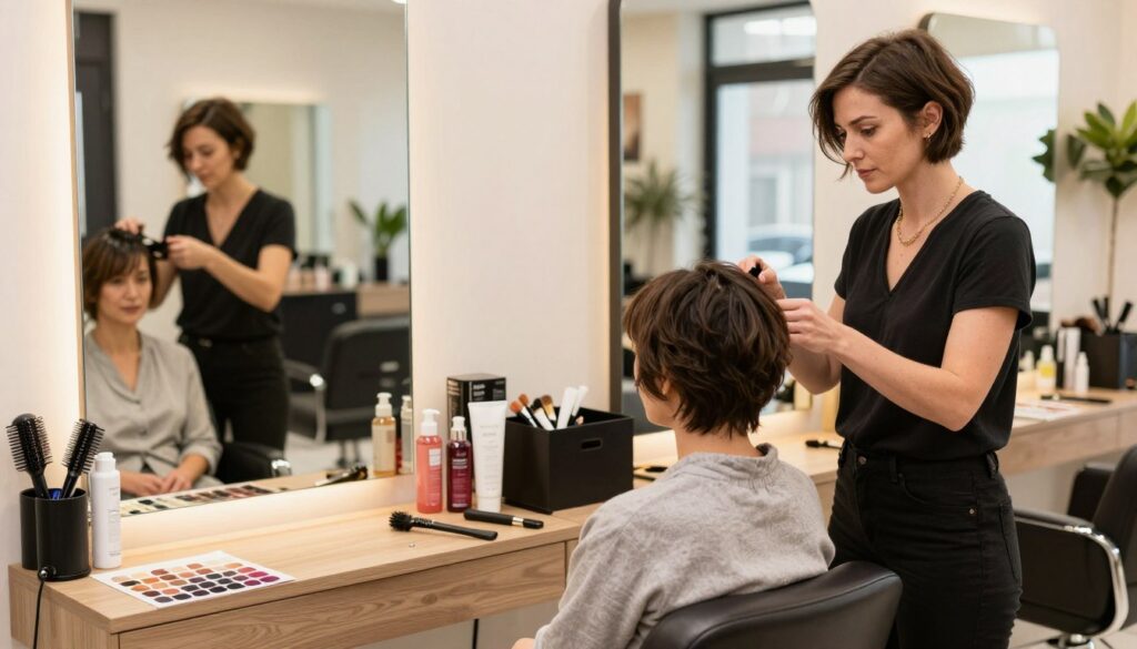 A stylish, modern hair salon interior focusing on professional consultation. In the foreground, a well-dressed female stylist discusses haircut options with a middle-aged woman in casual yet chic attire. The stylist has short, trendy hair, and they are surrounded by various hair styling tools and color swatches. In the middle, a large mirror reflects hair care products and samples, creating a vibrant, engaging atmosphere. In the background, softly blurred salon chairs and decorative elements evoke a sense of style and freshness. The lighting is warm and inviting, emphasizing the colors and textures of the salon. Capture a mood of confidence and professionalism, portraying a supportive environment for hair transformation. A stylish, modern hair salon interior focusing on professional consultation. In the foreground, a well-dressed female stylist discusses haircut options with a middle-aged woman in casual yet chic attire. The stylist has short, trendy hair, and they are surrounded by various hair styling tools and color swatches. In the middle, a large mirror reflects hair care products and samples, creating a vibrant, engaging atmosphere. In the background, softly blurred salon chairs and decorative elements evoke a sense of style and freshness. The lighting is warm and inviting, emphasizing the colors and textures of the salon. Capture a mood of confidence and professionalism, portraying a supportive environment for hair transformation.