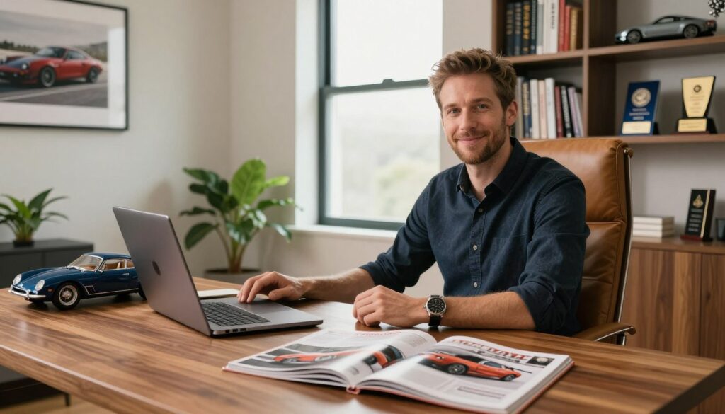 A stylish, modern home office belonging to Adam Kornacki, a prominent automotive journalist. In the foreground, a sleek wooden desk is adorned with high-end automotive magazines, a laptop, and a classic car model. The middle ground features a comfortable leather chair and a large window with natural light flooding the room, creating a bright and inviting atmosphere. The background subtly displays bookshelf filled with automotive literature and personal awards, showcasing his achievements. The room is decorated with automotive-themed artwork and plants, adding warmth and character. The angle captures the essence of a professional yet personal space, with an emphasis on productivity and passion for automobiles, all under soft, warm lighting to evoke a sense of comfort and creativity.