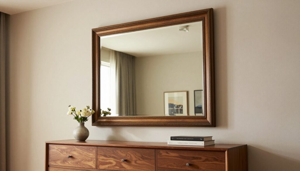 A stylish, modern living room featuring a large, ornate mirror hanging above a sleek wooden dresser. The mirror reflects the room's elegant decor, creating a sense of depth and spaciousness. The foreground displays the dresser, adorned with tasteful decorative items such as a small vase with fresh flowers and a few art books. The middle ground showcases the mirror and the softly lit wall behind it, enhancing the illusion of a larger space. In the background, there are subtle hints of contemporary artwork and warm-tone lighting that create a cozy atmosphere. The angle is a slight upward view, emphasizing the height of the mirror and the sophisticated design of the room, inviting a feeling of openness and elegance. A stylish, modern living room featuring a large, ornate mirror hanging above a sleek wooden dresser. The mirror reflects the room's elegant decor, creating a sense of depth and spaciousness. The foreground displays the dresser, adorned with tasteful decorative items such as a small vase with fresh flowers and a few art books. The middle ground showcases the mirror and the softly lit wall behind it, enhancing the illusion of a larger space. In the background, there are subtle hints of contemporary artwork and warm-tone lighting that create a cozy atmosphere. The angle is a slight upward view, emphasizing the height of the mirror and the sophisticated design of the room, inviting a feeling of openness and elegance.