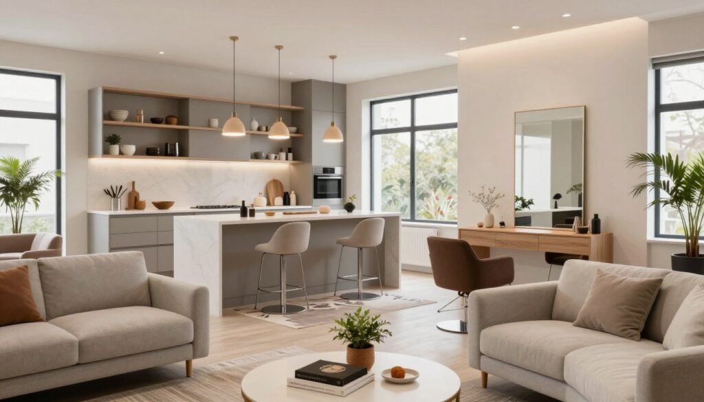 A stylish, modern salon with an open kitchen area, featuring distinct zones that blend functionality and comfort within a 30 m² space. In the foreground, a cozy seating arrangement with a sleek sofa in soft, neutral tones and a coffee table adorned with decorative books and potted plants. The middle section showcases a contemporary kitchen island with bar stools, adorned with minimalist decor and warm pendant lighting above. Open shelves display elegant kitchenware, while a creative use of rugs separates the kitchen from the salon. In the background, large windows fill the room with natural light, highlighting the airy atmosphere. The overall mood is inviting and harmonious, with a sense of well-defined but interconnected living spaces. The perspective captures the layout from a corner angle that emphasizes the clever use of space without any walls. A stylish, modern salon with an open kitchen area, featuring distinct zones that blend functionality and comfort within a 30 m² space. In the foreground, a cozy seating arrangement with a sleek sofa in soft, neutral tones and a coffee table adorned with decorative books and potted plants. The middle section showcases a contemporary kitchen island with bar stools, adorned with minimalist decor and warm pendant lighting above. Open shelves display elegant kitchenware, while a creative use of rugs separates the kitchen from the salon. In the background, large windows fill the room with natural light, highlighting the airy atmosphere. The overall mood is inviting and harmonious, with a sense of well-defined but interconnected living spaces. The perspective captures the layout from a corner angle that emphasizes the clever use of space without any walls.