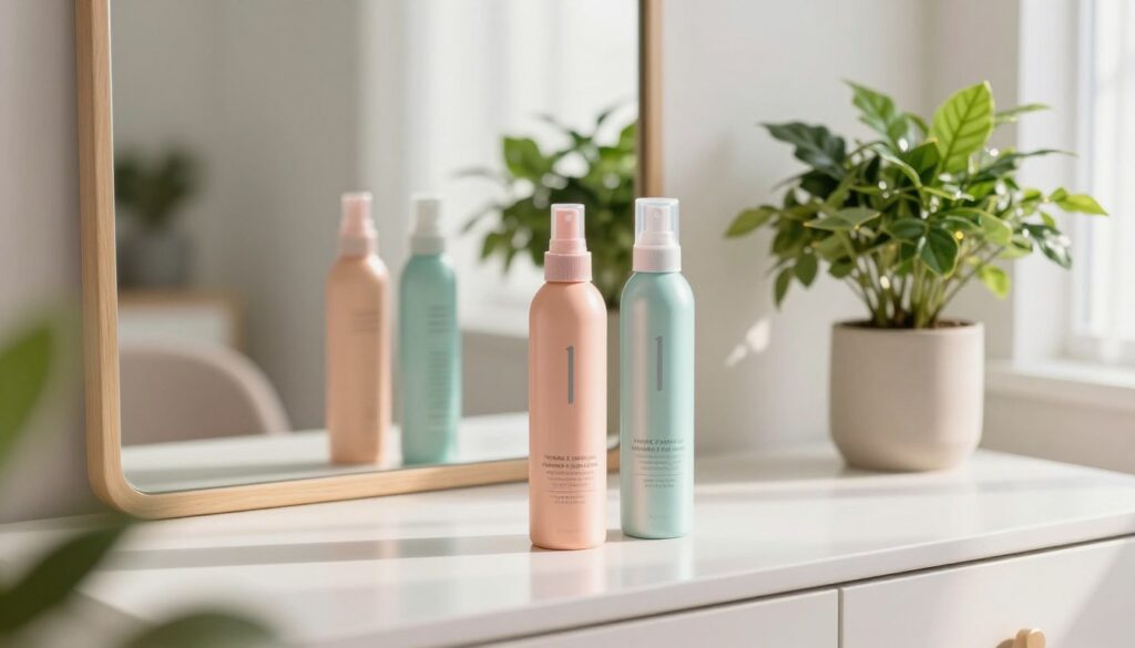 A stylish, modern scene showcasing a collection of thermal protection hair sprays, elegantly displayed on a sleek vanity table. In the foreground, two vibrant spray bottles in pastel colors catch the light, with their translucent caps glimmering. The middle ground features a mirror reflecting soft natural daylight, enhancing the cozy atmosphere. In the background, lush potted plants bring a refreshing touch of green, creating a summery vibe. The room is bright and airy, with white walls and light wooden accents, evoking a sense of comfort. A faint glow illuminates the sprays, highlighting their importance for summer hairstyles. The overall mood is fresh, inviting, and perfect for a warm day, emphasizing beauty and hair care for the summer season. A stylish, modern scene showcasing a collection of thermal protection hair sprays, elegantly displayed on a sleek vanity table. In the foreground, two vibrant spray bottles in pastel colors catch the light, with their translucent caps glimmering. The middle ground features a mirror reflecting soft natural daylight, enhancing the cozy atmosphere. In the background, lush potted plants bring a refreshing touch of green, creating a summery vibe. The room is bright and airy, with white walls and light wooden accents, evoking a sense of comfort. A faint glow illuminates the sprays, highlighting their importance for summer hairstyles. The overall mood is fresh, inviting, and perfect for a warm day, emphasizing beauty and hair care for the summer season.
