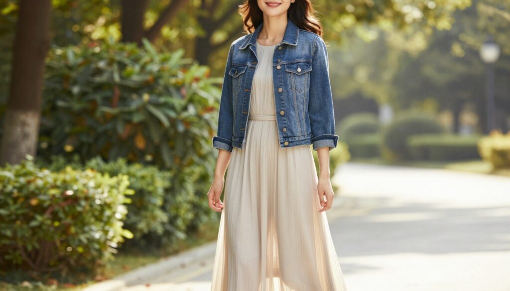 A stylish outdoor scene featuring a casual, modern female model wearing a denim jacket over a flowing, long dress, embodying everyday fashion. The foreground captures her relaxed pose with a slight smile, while the middle section includes lush greenery and soft sunlight filtering through trees, creating a warm, inviting atmosphere. The model's outfit combines the denim jacket's ruggedness with the dress's femininity, showcasing versatility for both everyday wear and social occasions. The background features a blurred park setting, adding depth. The image is shot with a natural light lens effect, emphasizing bright colors and textures to evoke a cheerful, casual vibe perfect for an article on daily styling. A stylish outdoor scene featuring a casual, modern female model wearing a denim jacket over a flowing, long dress, embodying everyday fashion. The foreground captures her relaxed pose with a slight smile, while the middle section includes lush greenery and soft sunlight filtering through trees, creating a warm, inviting atmosphere. The model's outfit combines the denim jacket's ruggedness with the dress's femininity, showcasing versatility for both everyday wear and social occasions. The background features a blurred park setting, adding depth. The image is shot with a natural light lens effect, emphasizing bright colors and textures to evoke a cheerful, casual vibe perfect for an article on daily styling.