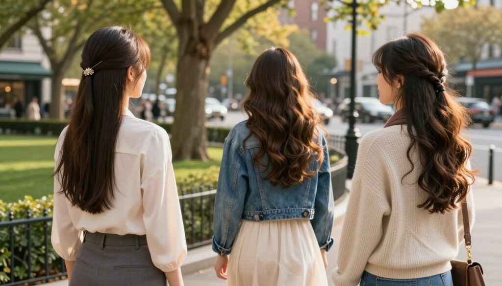 A stylish outdoor scene featuring a group of three young women showcasing trendy everyday hairstyles for long hair. In the foreground, one woman sports a sleek, straight long hairstyle adorned with a chic hairpin, wearing a smart casual outfit of a fitted blouse and tailored pants. The second woman has soft waves flowing freely, paired with a denim jacket and a flowy dress, radiating a carefree vibe. The third, with a loose braided hairstyle, wears a cozy sweater with a scarf. In the middle ground, a sunlit urban park with trees and soft greenery creates warmth, while in the background, a bustling city street adds life. The lighting is soft and golden, capturing a relaxed yet fashionable atmosphere, shot at eye level to highlight the hairstyles vividly. A stylish outdoor scene featuring a group of three young women showcasing trendy everyday hairstyles for long hair. In the foreground, one woman sports a sleek, straight long hairstyle adorned with a chic hairpin, wearing a smart casual outfit of a fitted blouse and tailored pants. The second woman has soft waves flowing freely, paired with a denim jacket and a flowy dress, radiating a carefree vibe. The third, with a loose braided hairstyle, wears a cozy sweater with a scarf. In the middle ground, a sunlit urban park with trees and soft greenery creates warmth, while in the background, a bustling city street adds life. The lighting is soft and golden, capturing a relaxed yet fashionable atmosphere, shot at eye level to highlight the hairstyles vividly.