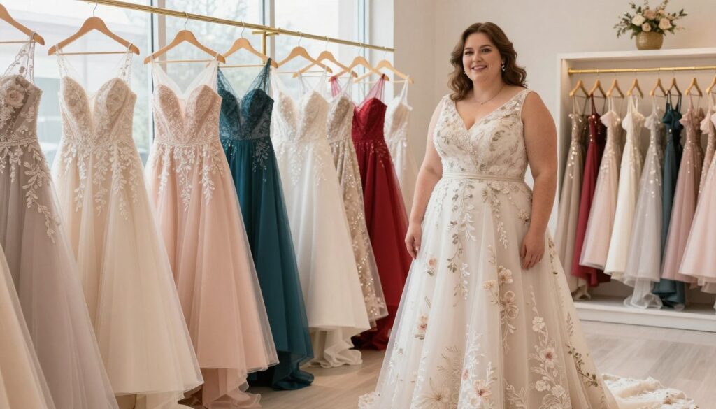A stylish plus-size woman showcasing various elegant wedding dresses designed to mask the stomach while emphasizing her curves. The scene is set in a bright, airy boutique with soft natural lighting filtering through large windows, illuminating the rich fabric of the dresses. In the foreground, the woman wears a flowing A-line dress with delicate floral patterns and a cinched waist that highlights her figure. The middle of the image features a selection of dresses on elegant hangers, showcasing different colors and designs, from soft pastels to vibrant jewel tones. The background contains tasteful decor, enhancing a warm, inviting atmosphere, ideal for a special occasion. The woman stands confidently, radiating elegance and satisfaction, embodying the beauty of plus-size fashion. A stylish plus-size woman showcasing various elegant wedding dresses designed to mask the stomach while emphasizing her curves. The scene is set in a bright, airy boutique with soft natural lighting filtering through large windows, illuminating the rich fabric of the dresses. In the foreground, the woman wears a flowing A-line dress with delicate floral patterns and a cinched waist that highlights her figure. The middle of the image features a selection of dresses on elegant hangers, showcasing different colors and designs, from soft pastels to vibrant jewel tones. The background contains tasteful decor, enhancing a warm, inviting atmosphere, ideal for a special occasion. The woman stands confidently, radiating elegance and satisfaction, embodying the beauty of plus-size fashion.