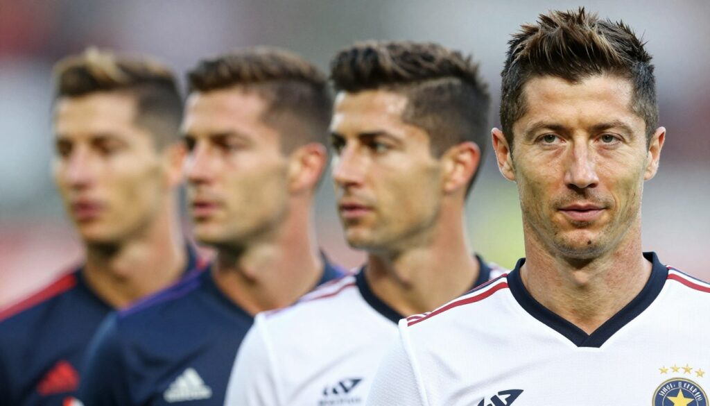 A stylish portrait of a male soccer player inspired by Robert Lewandowski, showcasing his iconic hairstyles over the years. In the foreground, the player stands confidently with a modern haircut, crisp and neatly styled, reflecting a blend of elegance and athleticism. The middle background features a subtle transition of different hairstyles, illustrating the evolution from short, classic cuts to more contemporary styles. Soft, natural lighting bathes the scene, creating an inviting and professional atmosphere. Use a shallow depth of field to blur the background slightly, emphasizing the player's hairstyle. Capture this image from a slightly low angle to enhance the subject's stature. The overall mood is aspirational and dynamic, appealing to fans of soccer and style alike. A stylish portrait of a male soccer player inspired by Robert Lewandowski, showcasing his iconic hairstyles over the years. In the foreground, the player stands confidently with a modern haircut, crisp and neatly styled, reflecting a blend of elegance and athleticism. The middle background features a subtle transition of different hairstyles, illustrating the evolution from short, classic cuts to more contemporary styles. Soft, natural lighting bathes the scene, creating an inviting and professional atmosphere. Use a shallow depth of field to blur the background slightly, emphasizing the player's hairstyle. Capture this image from a slightly low angle to enhance the subject's stature. The overall mood is aspirational and dynamic, appealing to fans of soccer and style alike.