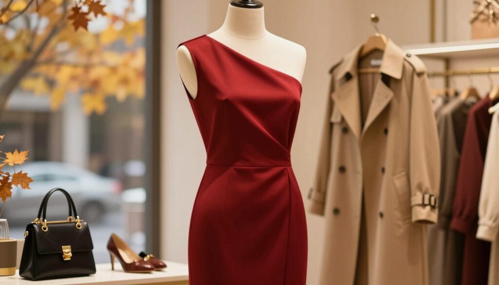 A stylish red dress elegantly draped on a mannequin, showcasing its flattering silhouette in a soft, intimate boutique setting. In the foreground, the dress shimmers under warm, diffused golden lighting, highlighting its texture and vibrant color. Surrounding the dress, a collection of autumn-inspired accessories such as a slender beige trench coat, a chic black handbag, and tasteful gold jewelry accentuate the overall aesthetic. In the background, gentle tones of autumn foliage are visible through a large window, creating an inviting atmosphere. The overall mood is sophisticated and cozy, perfect for autumn and winter layering. A slight focus blur on the background adds depth, while a soft focus on the dress draws the viewer's attention, capturing the essence of elegance and harmony in styling. A stylish red dress elegantly draped on a mannequin, showcasing its flattering silhouette in a soft, intimate boutique setting. In the foreground, the dress shimmers under warm, diffused golden lighting, highlighting its texture and vibrant color. Surrounding the dress, a collection of autumn-inspired accessories such as a slender beige trench coat, a chic black handbag, and tasteful gold jewelry accentuate the overall aesthetic. In the background, gentle tones of autumn foliage are visible through a large window, creating an inviting atmosphere. The overall mood is sophisticated and cozy, perfect for autumn and winter layering. A slight focus blur on the background adds depth, while a soft focus on the dress draws the viewer's attention, capturing the essence of elegance and harmony in styling.