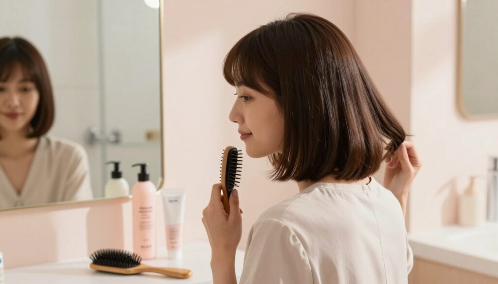 A stylish, shoulder-length bob haircut showcases elegance and versatility. In the foreground, a confident woman in modest, professional attire gingerly brushes her hair, emphasizing the bob's smooth layers. Her expression portrays tranquility and ease, reflecting practical daily care tips. In the middle ground, a tabletop mirrors set in a sunlit bathroom, with hair care products neatly arranged: a sleek hairbrush, a bottle of leave-in conditioner, and styling cream, conveying organization and simplicity. The background features soft pastel colors that evoke a calm atmosphere, enhancing the overall aesthetic. Natural light filters in, casting gentle shadows, creating an inviting and fresh feel, perfect for highlighting practical hair care routines. The mood is serene and uplifting, emphasizing the beauty of manageable hair. A stylish, shoulder-length bob haircut showcases elegance and versatility. In the foreground, a confident woman in modest, professional attire gingerly brushes her hair, emphasizing the bob's smooth layers. Her expression portrays tranquility and ease, reflecting practical daily care tips. In the middle ground, a tabletop mirrors set in a sunlit bathroom, with hair care products neatly arranged: a sleek hairbrush, a bottle of leave-in conditioner, and styling cream, conveying organization and simplicity. The background features soft pastel colors that evoke a calm atmosphere, enhancing the overall aesthetic. Natural light filters in, casting gentle shadows, creating an inviting and fresh feel, perfect for highlighting practical hair care routines. The mood is serene and uplifting, emphasizing the beauty of manageable hair.