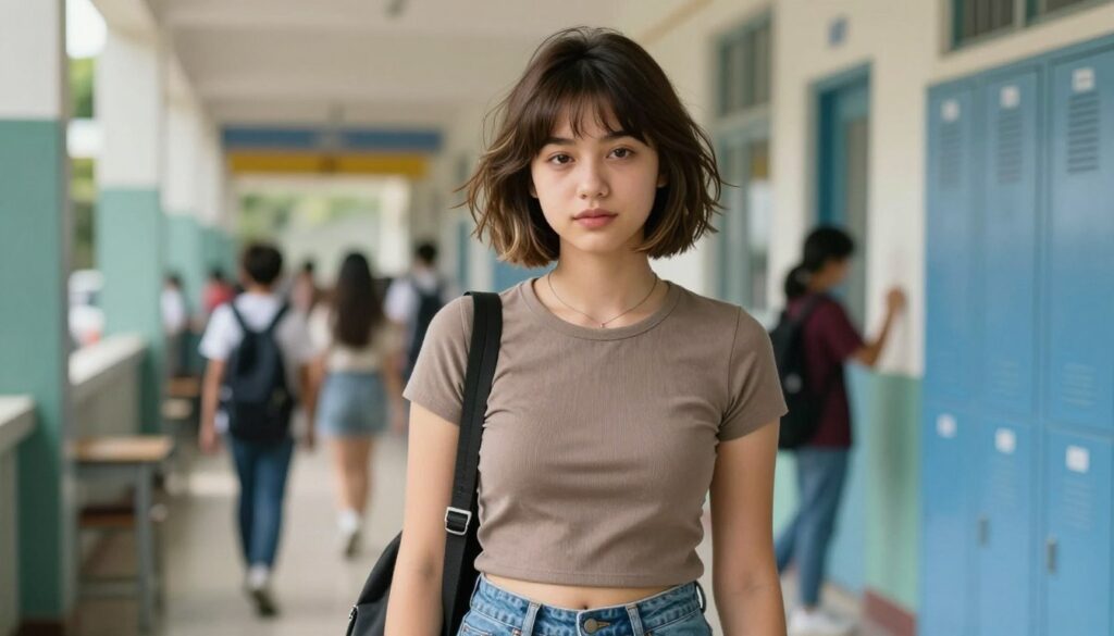 A stylish teenage girl with short hair, showcasing trendy haircuts suitable for school and everyday wear. She has a fresh bob cut with subtle layers, highlighting texture and movement, complemented by natural highlights. Her outfit is casual yet fashionable, consisting of a fitted, modest top and comfortable jeans. The background features a vibrant school corridor, with lockers and energetic students in soft focus to emphasize her as the main subject. Bright, natural lighting illuminates her face, capturing her confidence and youthful spirit. The camera angle is slightly below eye-level, adding emphasis to her hairstyle while maintaining a candid, approachable feel. Overall, the mood is lively and modern, reflecting the latest trends in youthful hairstyles.