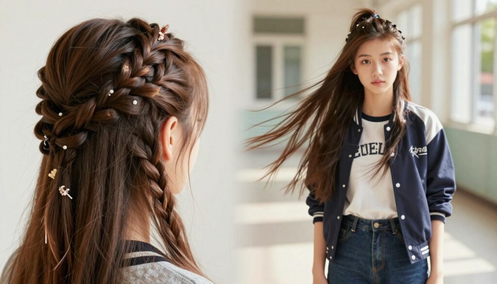 A stylish teenager with long, flowing hair elegantly styled in an intricate updo, showcasing both sophistication and modern flair. The foreground features close-up details of the hair, emphasizing the texture and creative braiding, adorned with subtle hair accessories like delicate pins or flowers. In the middle ground, the teenager stands confidently, dressed in trendy casual attire suitable for school, radiating youthful energy. The background presents a softly blurred school environment, with bright natural lighting filtering through windows, creating a warm and inviting atmosphere. The overall mood captures a blend of creativity and style, perfect for a fashionable hairstyle illustration. The angle is slightly elevated, enhancing the visual appeal of the hairstyle while maintaining a respectful depiction. A stylish teenager with long, flowing hair elegantly styled in an intricate updo, showcasing both sophistication and modern flair. The foreground features close-up details of the hair, emphasizing the texture and creative braiding, adorned with subtle hair accessories like delicate pins or flowers. In the middle ground, the teenager stands confidently, dressed in trendy casual attire suitable for school, radiating youthful energy. The background presents a softly blurred school environment, with bright natural lighting filtering through windows, creating a warm and inviting atmosphere. The overall mood captures a blend of creativity and style, perfect for a fashionable hairstyle illustration. The angle is slightly elevated, enhancing the visual appeal of the hairstyle while maintaining a respectful depiction.