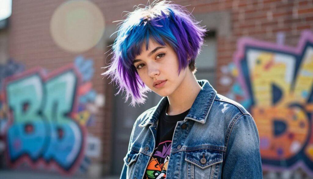 A stylish teenager with short, edgy hair that exudes character, sporting a vibrant, asymmetrical bob cut with highlights of blue and purple. The focus is on their confident expression and unique style. The foreground features the teen, dressed in a trendy, casual outfit—perhaps a fitted denim jacket over a graphic tee. The middle ground includes a softly blurred urban environment with colorful graffiti art on brick walls, indicating a lively, youthful atmosphere. The lighting is bright and natural, with the sunlight creating a warm glow, enhancing the hair's vivid colors. The angle is slightly low, emphasizing the teenager's dynamic posture and fashionable haircut while capturing the essence of modern youth culture. A stylish teenager with short, edgy hair that exudes character, sporting a vibrant, asymmetrical bob cut with highlights of blue and purple. The focus is on their confident expression and unique style. The foreground features the teen, dressed in a trendy, casual outfit—perhaps a fitted denim jacket over a graphic tee. The middle ground includes a softly blurred urban environment with colorful graffiti art on brick walls, indicating a lively, youthful atmosphere. The lighting is bright and natural, with the sunlight creating a warm glow, enhancing the hair's vivid colors. The angle is slightly low, emphasizing the teenager's dynamic posture and fashionable haircut while capturing the essence of modern youth culture.