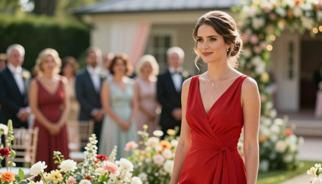 A stylish wedding scene featuring a bridesmaid in a vibrant red dress. The foreground showcases the bridesmaid, gracefully posed with a soft smile, hair elegantly styled, and subtle jewelry complementing her outfit. She stands against a lush garden backdrop filled with blooming flowers, creating a romantic atmosphere. In the middle ground, blurred silhouettes of wedding guests can be seen, dressed in formal attire, indicating a joyous occasion. The background features a beautifully decorated wedding venue with soft pastel colors, adding to the celebratory mood. The lighting is warm and natural, capturing the essence of a sunny outdoor wedding day, enhancing the vividness of the red dress. The composition should focus on the elegant contrast between the vibrant red and the soft surroundings while maintaining a professional and inviting appearance.