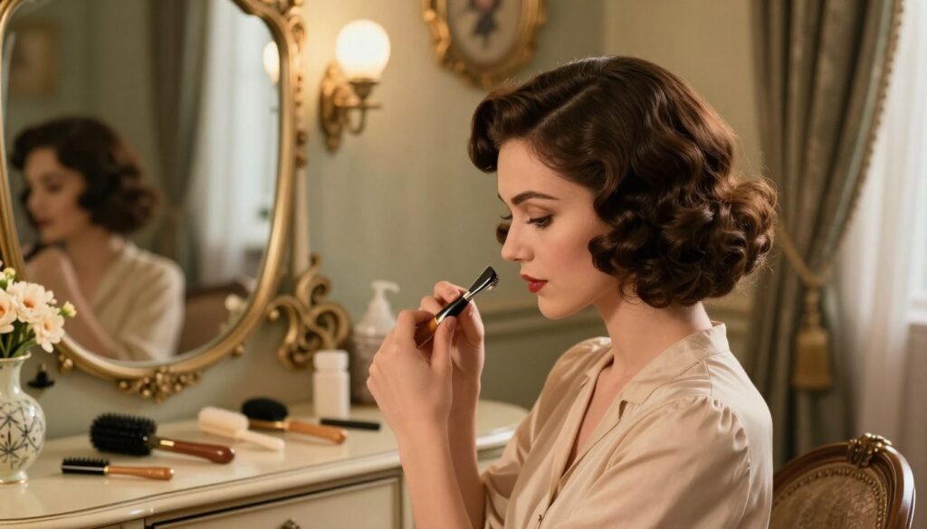 A stylish woman in the foreground, elegantly preparing her hair with vintage tools, focusing on creating perfect retro waves. Her hair is styled in soft, luscious "fale retro," with a glamorous bob reflecting 1920s fashion. She wears a chic, modest vintage blouse that complements her hairstyle. In the middle ground, a well-organized vanity is adorned with antique mirrors, brushes, and a delicate vase of flowers, providing an atmosphere of timeless elegance. The background features a softly lit, vintage-inspired room with plush curtains and art deco accents. The lighting is warm and inviting, casting gentle shadows and highlighting the textures of her hair and clothing, evoking a sense of nostalgia and sophistication. The angle captures a close-up of her focused expression as she works on her hairstyle, emphasizing the meticulous preparation of retro elegance. A stylish woman in the foreground, elegantly preparing her hair with vintage tools, focusing on creating perfect retro waves. Her hair is styled in soft, luscious "fale retro," with a glamorous bob reflecting 1920s fashion. She wears a chic, modest vintage blouse that complements her hairstyle. In the middle ground, a well-organized vanity is adorned with antique mirrors, brushes, and a delicate vase of flowers, providing an atmosphere of timeless elegance. The background features a softly lit, vintage-inspired room with plush curtains and art deco accents. The lighting is warm and inviting, casting gentle shadows and highlighting the textures of her hair and clothing, evoking a sense of nostalgia and sophistication. The angle captures a close-up of her focused expression as she works on her hairstyle, emphasizing the meticulous preparation of retro elegance.