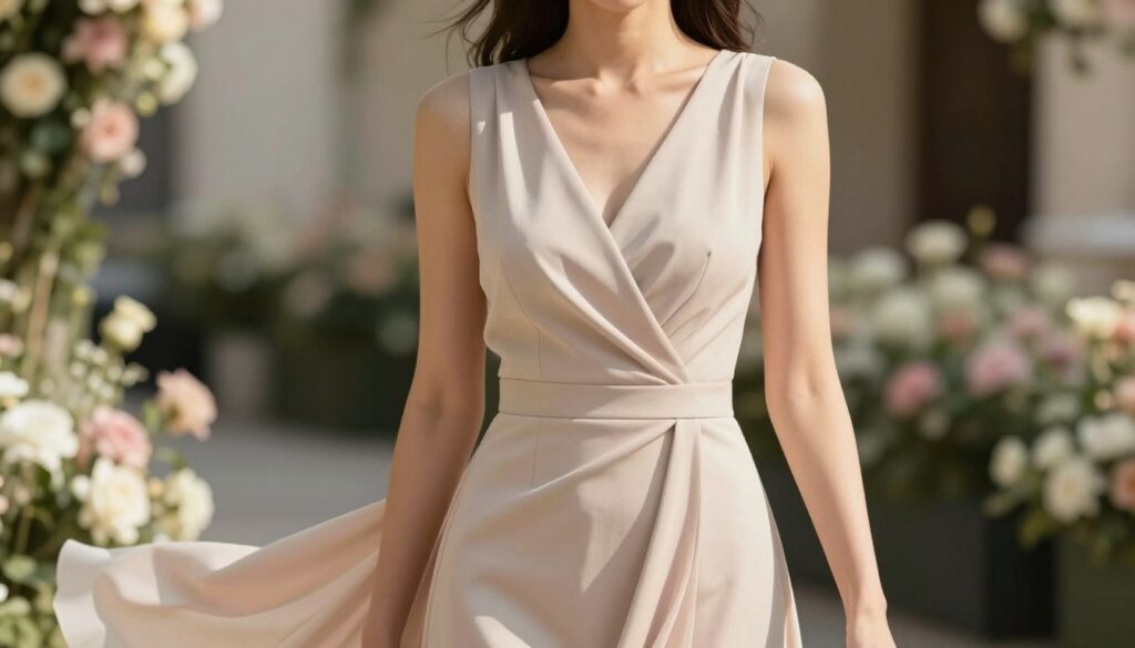 A stylish woman wearing an elegant wrap neckline dress, showcasing a sophisticated dekolt kopertowy that enhances her silhouette while providing comfort. She stands confidently in an outdoor setting, surrounded by soft blooming flowers, suggesting a festive atmosphere. The focus is on her outfit, which features delicate draping that flatters the waist and gracefully flows with movement. The scene is softly lit by natural sunlight, casting gentle shadows that highlight the dress's details. The camera angle is slightly elevated, emphasizing her posture and the elegance of the neckline. The background remains blurred to keep the viewer’s focus on the dress’s design and its effect on body proportions, creating a mood of grace and celebration. A stylish woman wearing an elegant wrap neckline dress, showcasing a sophisticated dekolt kopertowy that enhances her silhouette while providing comfort. She stands confidently in an outdoor setting, surrounded by soft blooming flowers, suggesting a festive atmosphere. The focus is on her outfit, which features delicate draping that flatters the waist and gracefully flows with movement. The scene is softly lit by natural sunlight, casting gentle shadows that highlight the dress's details. The camera angle is slightly elevated, emphasizing her posture and the elegance of the neckline. The background remains blurred to keep the viewer’s focus on the dress’s design and its effect on body proportions, creating a mood of grace and celebration.