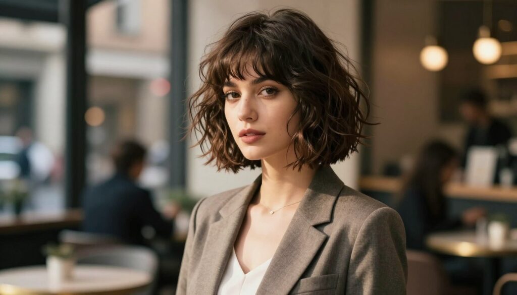 A stylish woman with a shaggy bob haircut stands confidently in a fashionable setting, showcasing the layers and volume of her hair. Her hair features soft waves, with well-defined layers framing her face, adding dynamism to her look. She wears a chic, professional outfit that complements her hairstyle, enhancing her modern appearance. The background features a softly blurred urban environment, hinting at a lively café scene with warm, natural lighting that casts gentle shadows. The scene captures a vibrant, yet relaxed mood, emphasizing the effortless elegance of the shaggy bob haircut. The image should be framed from a slightly angled perspective, focusing on her face and hairstyle, with a depth of field that blurs the background softly.