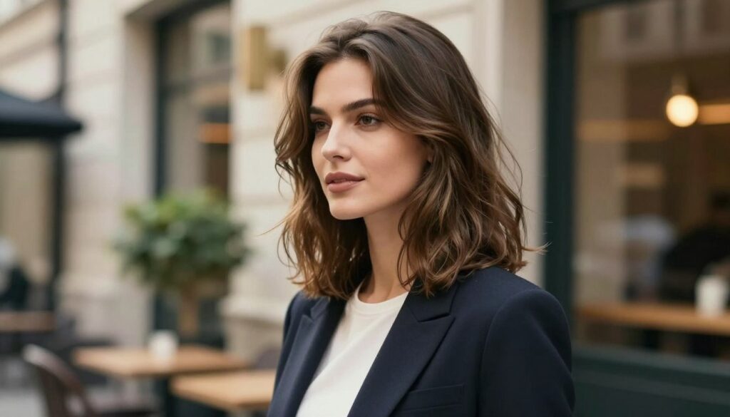 A stylish woman with medium-length hair, showcasing a modern haircut with soft layers and effortless waves. The hairstyle is elegantly arranged, reflecting a chic and trendy look. She is dressed in professional casual attire, standing confidently against a softly blurred urban background with hints of stylish cafes and greenery. The lighting is warm and inviting, creating a pleasant atmosphere that highlights the texture and movement of her hair. The angle of the shot is slightly from the side, emphasizing the hairstyle while maintaining the focus on her poised demeanor. The scene conveys a feeling of fashionable sophistication and versatility, illustrating the perfect balance between everyday elegance and modern trends. A stylish woman with medium-length hair, showcasing a modern haircut with soft layers and effortless waves. The hairstyle is elegantly arranged, reflecting a chic and trendy look. She is dressed in professional casual attire, standing confidently against a softly blurred urban background with hints of stylish cafes and greenery. The lighting is warm and inviting, creating a pleasant atmosphere that highlights the texture and movement of her hair. The angle of the shot is slightly from the side, emphasizing the hairstyle while maintaining the focus on her poised demeanor. The scene conveys a feeling of fashionable sophistication and versatility, illustrating the perfect balance between everyday elegance and modern trends.