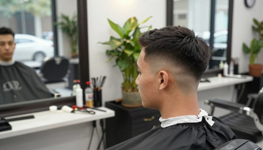 A stylish young man with a tapered fade haircut stands confidently in a well-lit barbershop. In the foreground, his well-groomed appearance showcases the low taper fade, where the hair gradually shortens from the top down to the sides and back. The middle section features a sleek, modern barber chair and a mirror reflecting the person's focused expression. Soft, natural light filters through large windows, creating a warm atmosphere that highlights the texture of his hair. The background is adorned with barber tools and lush greenery, adding to the sophisticated and contemporary vibe. The overall mood conveys professionalism and style, perfect for illustrating modern masculinity through hair grooming.
