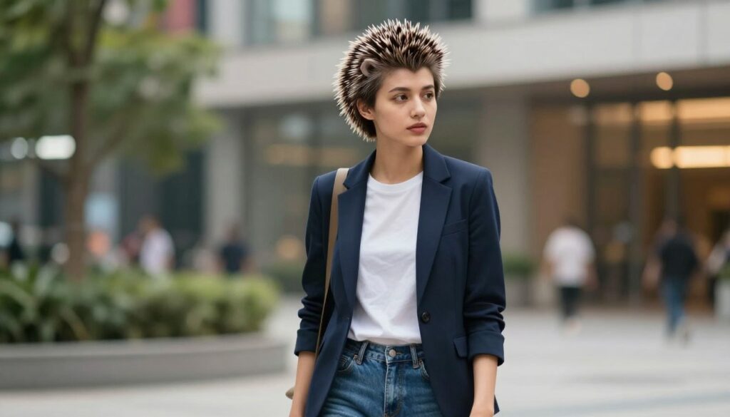 A stylish young person with a trendy 'hedgehog' haircut stands confidently in a modern urban setting. The model is dressed in a casual yet polished outfit, featuring a fitted blazer over a simple t-shirt, paired with tailored jeans. The hairstyle is short and spiky, reminiscent of a hedgehog's quills, adding both edge and personality. In the background, soft bokeh lighting creates a warm, inviting atmosphere, with hints of greenery and architectural elements to suggest a vibrant city park. The focus is on the individual's expressive face and hairstyle, shot from a mid-angle perspective to highlight the cut's unique shape and texture. The overall mood is empowering and fresh, reflecting confidence and modernity. A stylish young person with a trendy 'hedgehog' haircut stands confidently in a modern urban setting. The model is dressed in a casual yet polished outfit, featuring a fitted blazer over a simple t-shirt, paired with tailored jeans. The hairstyle is short and spiky, reminiscent of a hedgehog's quills, adding both edge and personality. In the background, soft bokeh lighting creates a warm, inviting atmosphere, with hints of greenery and architectural elements to suggest a vibrant city park. The focus is on the individual's expressive face and hairstyle, shot from a mid-angle perspective to highlight the cut's unique shape and texture. The overall mood is empowering and fresh, reflecting confidence and modernity.
