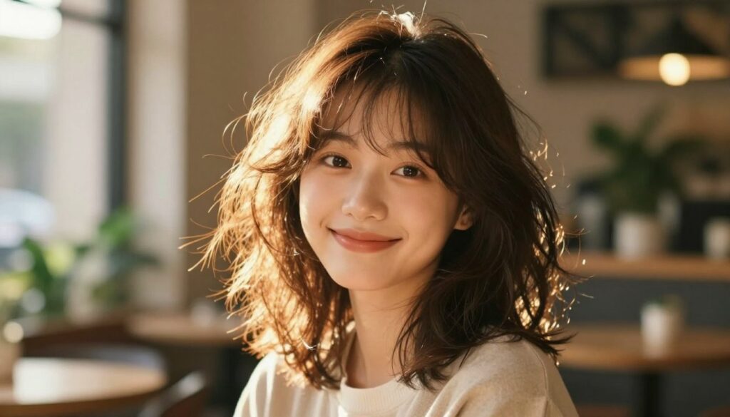 A stylish young woman with shaggy hair, featuring soft layers that frame her face and provide a sense of lightness and volume. She has a warm smile and is wearing modest casual clothing, with her hair catching the golden light of a late afternoon sun. In the foreground, her hair is tousled elegantly, highlighting the texture and movement of the shag cut. The background softly blurs into a cozy indoor setting, perhaps a chic café with plants, creating an inviting atmosphere. A gentle bokeh effect adds warmth and focus on her hairstyle, showcasing how the shag cut complements her features. The overall mood is vibrant and approachable, emphasizing the beauty of the shag hairstyle for different face shapes. A stylish young woman with shaggy hair, featuring soft layers that frame her face and provide a sense of lightness and volume. She has a warm smile and is wearing modest casual clothing, with her hair catching the golden light of a late afternoon sun. In the foreground, her hair is tousled elegantly, highlighting the texture and movement of the shag cut. The background softly blurs into a cozy indoor setting, perhaps a chic café with plants, creating an inviting atmosphere. A gentle bokeh effect adds warmth and focus on her hairstyle, showcasing how the shag cut complements her features. The overall mood is vibrant and approachable, emphasizing the beauty of the shag hairstyle for different face shapes.
