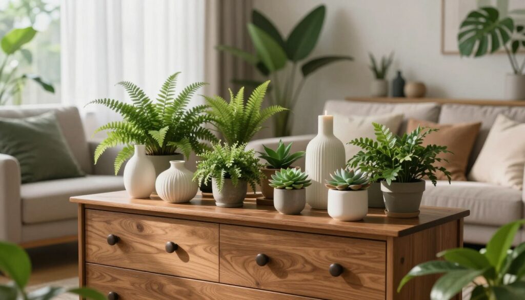 A stylishly decorated living room featuring a wooden chest of drawers, adorned with an array of lush green plants, creating a home jungle atmosphere. In the foreground, the chest of drawers has decorative items like elegant vases and candles balanced harmoniously among vibrant potted plants, such as ferns and succulents. The middle ground displays a cozy sofa with soft throw pillows, inviting and warm. In the background, soft natural light filters through sheer curtains, casting gentle shadows and enhancing the greenery. The mood is serene and refreshing, giving a sense of tranquility and modern elegance. Use a wide-angle lens to capture the depth and layers of the scene, highlighting the inviting decor and lush plant life. No text or overlays should be present. A stylishly decorated living room featuring a wooden chest of drawers, adorned with an array of lush green plants, creating a home jungle atmosphere. In the foreground, the chest of drawers has decorative items like elegant vases and candles balanced harmoniously among vibrant potted plants, such as ferns and succulents. The middle ground displays a cozy sofa with soft throw pillows, inviting and warm. In the background, soft natural light filters through sheer curtains, casting gentle shadows and enhancing the greenery. The mood is serene and refreshing, giving a sense of tranquility and modern elegance. Use a wide-angle lens to capture the depth and layers of the scene, highlighting the inviting decor and lush plant life. No text or overlays should be present.